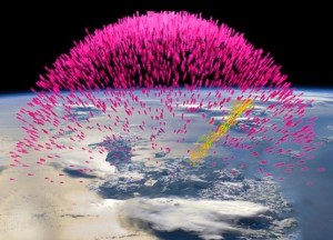 Artist impression of a terrestrial gamma-ray flash, called "dark lightning," originating from a thunderstorm. The gamma rays (pink), in turn, generate electrons and positrons (yellow and green), their antimatter counterparts, which get blasted into space.  CREDIT: NASA  View full size image
