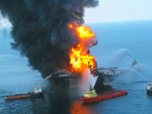 Platform supply vessels battle the blazing remnants of the off shore oil rig Deepwater Horizon. Multiple Coast Guard helicopters, planes and cutters responded to rescue the Deepwater Horizon’s 126 person crew. Eleven workers were killed in the explosion. Photo credit: U.S. Coast Guard – April 20, 2010.