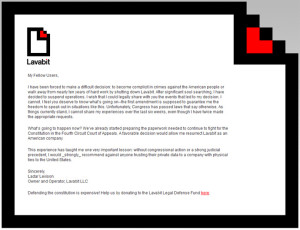 The front page of Lavabit announces to its users its decision to shut down rather than comply with ongoing US surveillance orders Photo: Lavabit