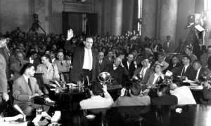 Senator Joseph McCarthy, chief ideologue of the cold war witch-hunts, takes the pledge as a witness in 1954 hearings about alleged communist infiltration of the US army. Photograph: Associated Press