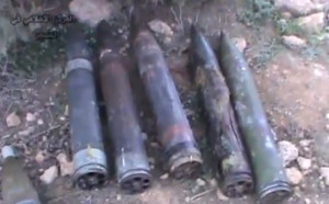 Image: 107mm rocket shells frequently used by terrorists operating within and along Syria’s borders. They are similar in configuration and function to those identified by the UN at sites investigated after the alleged August 21, 2013 Damascus, Syria chemical weapons attack, only smaller. 