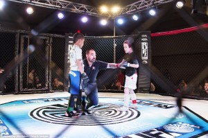 Parker, Arizona, United States: Kristofer "The Arm Collector" Arrey, 7, and Cross Betzhold, 6, prepare for their bout at a United States Fight League Pankration All-Star tournament held at the BlueWater Resort and Casino