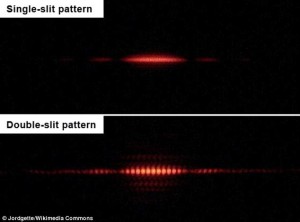 Lanza cites the double-slit test, pictured, to backup his claims. When scientists watch a particle pass through two slits, the particle goes through one slit or the other. If a person doesn't watch it, it acts like a wave and can go through both slits simultaneously. This means its behaviour changes based on a person's perception.