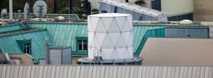 A white covered structure is pictured on the roof of the British embassy in Berlin