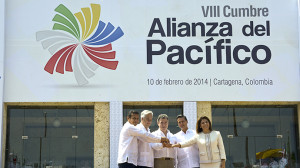 Family photo of presidents (L to R): Peru's Ollanta Humala, Chile's Sebastian Pinera, Colombia's Juan Manuel Santos, Mexico's Enrique Pena Nieto and Costa Rica's Laura Chinchilla at the convention center in Cartagena, Colombia on February 10, 2014. (AFP Photo / Luis Acosta)