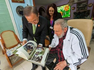 In this photo released by Cubadebate, U.N. Secretary-General Ban Ki-moon visits with Cuba's former President Fidel Castro in Havana, Cuba, Tuesday, Jan. 28, 2014. Ban Ki-moon is in Havana to attend the Community of Latin American and Caribbean States summit. (AP Photo/Cubadebate, Alex Castro)