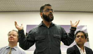Moazzam Begg speaks at the Convention Modern on Liberty in London. (AP Photo/Akira Suemori)