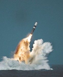 A Trident missile launched from a Royal Navy Vanguard class ballistic missile submarine.  Credit: public domain.