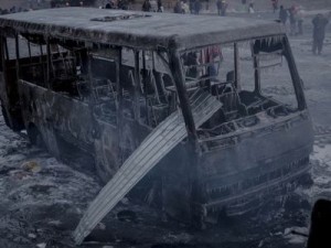 Ukraine’s “peaceful pro-European” protesters leave a burnt land behind. Photo of a burnt police bus taken by S.Morgunov at the Euromaidan in Kyiv on January 20, 2014