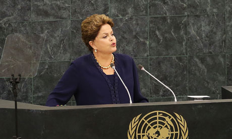Brazilian president Dilma Rousseff speaks at the United Nations general assembly. Photograph: Spencer Platt/Getty Images