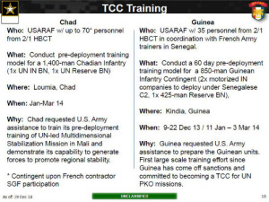 Official briefing slide with details on U.S. training for Chad and Guinea -- “troop contributing countries” aiding the U.S.-supported military mission in Mali.