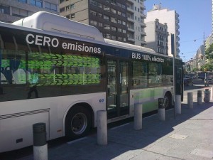 A K9 electric bus parked on a street in downtown Montevideo. Credit: Inés Acosta/IPS