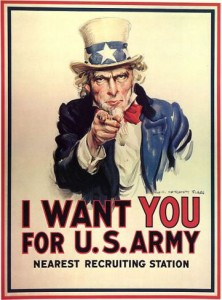 World War I Uncle Sam recruiting poster | Date: 1916-1917 | Source: Library of Congress | Author: James Montgomery Flagg |  Wikimedia Commons: No known restrictions on publication. No renewal in Copyright Office.