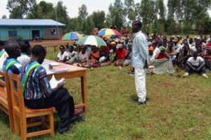 A Rwandan genocide suspect stands trial before a community court, also known as a gacaca, in Zivu in 2005. AP Photo