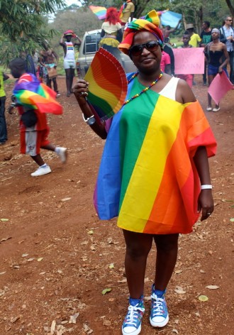 Sandra Ntebi, who runs a hotline and helps Uganda’s lesbian, gay, bisexual, transgender and intersex (LGBTI) community find alternative, safe accommodation, pictured here at the 2013 Gay Pride parade. Credit: Amy Fallon/IPS