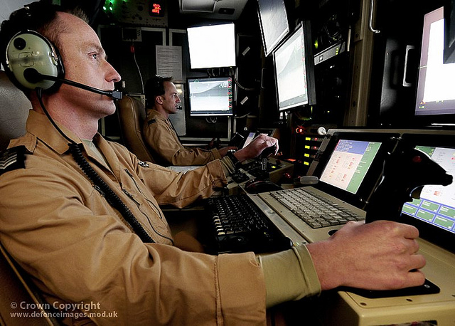 Crewmen from 39 Squadron, Royal Air Force, pilot a Reaper over Afghanistan (Photo: Ministry of Defence)
