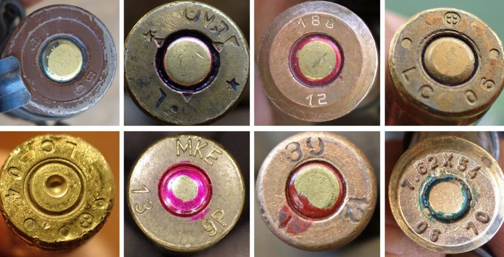 Ammunition found in Iraq and Syria. Top, left to right: China, made in 2009; Syria, made in 1960; Russia, made in 2012; US, made in 2006. Bottom, left to right: U.S. casing, made in 2004; Turkey, made in 2013; Sudan, made in 2012; Iran, made in 2006.