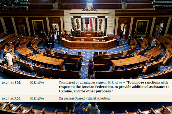 We’ve superimposed the congressional record on top of a photo of the chamber of the House of Representatives. It shows H.R. 5859 passing by unanimous consent in the span of one second. AP /J. Scott Applewhite