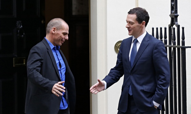 George Osborne, right, and Greece’s new finance minister, Yanis Varoufakis, after their meeting in London. Photograph: Anadolu Agency/Getty 