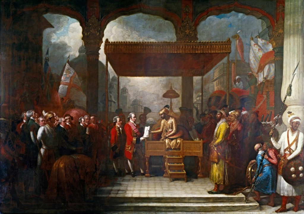 The Mughal emperor Shah Alam hands a scroll to Robert Clive, the governor of Bengal, which transferred tax collecting rights in Bengal, Bihar and Orissa to the East India Company. Illustration: Benjamin West (1738–1820) British Library