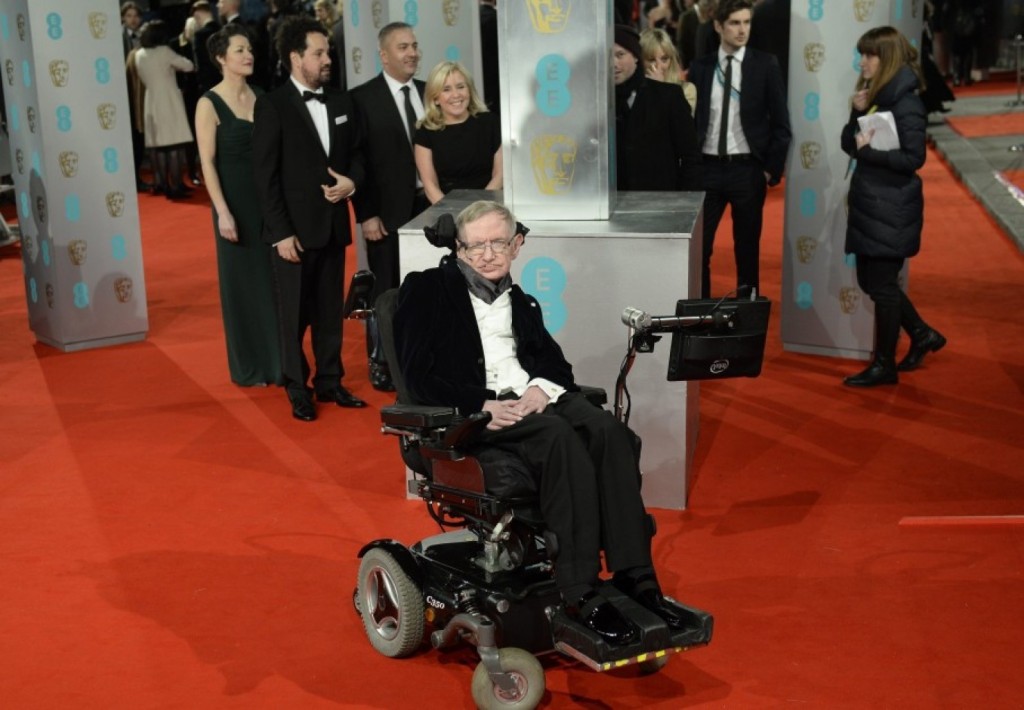  British scientist Stephen Hawking arrives on the red carpet for the 2015 British Academy Film Awards ceremony at The Royal Opera House in London on Feb. 8. (Facundo Arrizabalaga/European Pressphoto Agency)