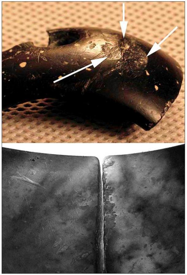 The traces of reparation on the cracks. Bracelet had suffered damage, including visible scratches and bumps. Pictures: Anatoly Derevyanko and Mikhail Shunkov