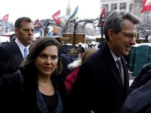 Assistant Secretary of State, Victoria Nuland and US Ambassador in Kiev, Geoffrey R. Pyatt. In a telephone interception released by the supporters of law and order, she says “F—k the European Union!" (sic).