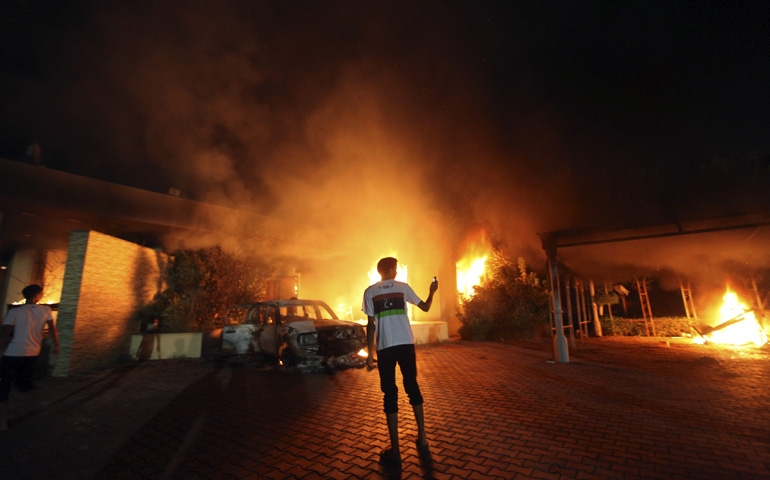 The U.S. Consulate in Benghazi, Libya, burns Sept. 11, 2012. An assault on the consulate left four people dead, including U.S. Ambassador J. Christopher Stevens. (CNS/Reuters/Esam Al-Fetori)