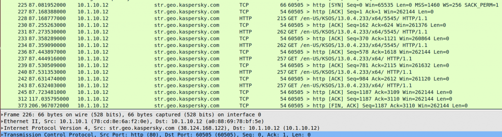 Screenshot of unencrypted communication between Kaspersky’s anti-virus software and remote Kaspersky servers