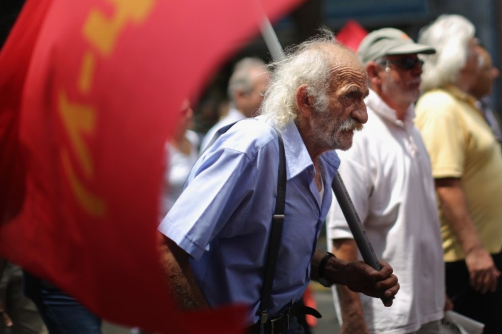 Anti-austerity demonstrators from the Communist Party take part in a rally through the streets of Athens. (Christopher Furlong/Getty Images)