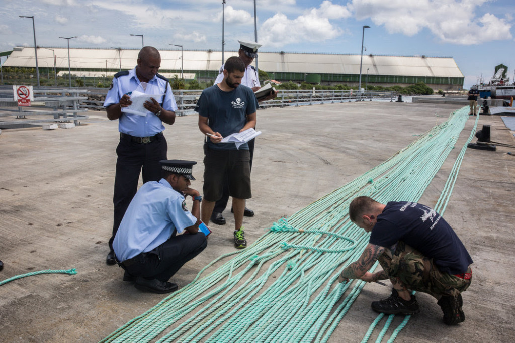 Crew members from the Sam Simon delivered illegal fishing equipment from the Thunder to the authorities in Mauritius. CreditJeff Wirth/Sea Shepherd Global