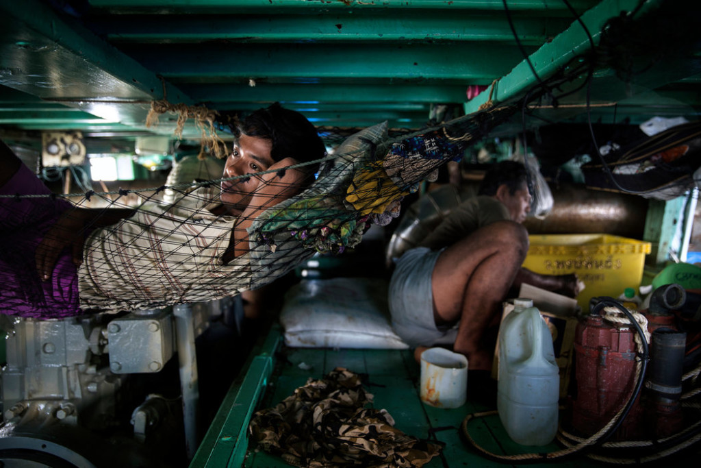 The living quarters on the fishing boats are typically cramped and the men sleep for short periods between hours of work. Credit Adam Dean for The New York Times