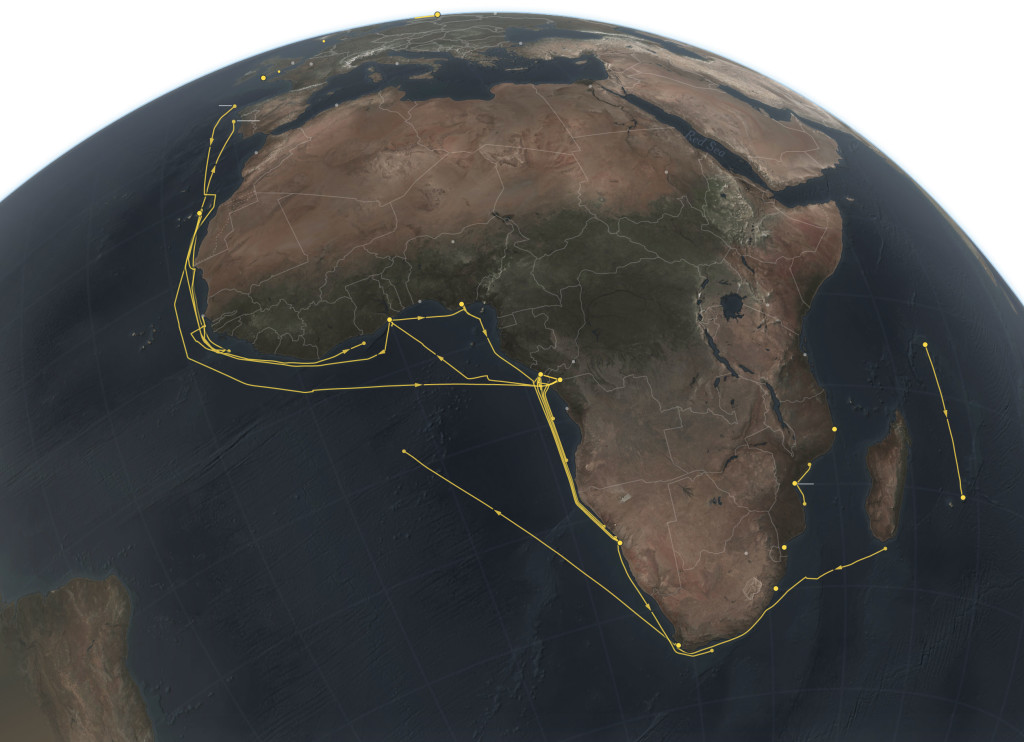 From 2011 to 2014, the rusty refrigerated cargo vessel traced the coasts of Africa and Europe, abandoning crew members, abusing stowaways, dumping oil and committing other crimes along the way. Port calls were often the only means of locating the ship, which frequently turned off its required satellite tracking signal. Source: SkyTruth