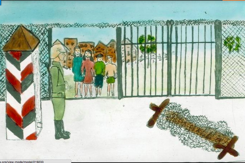  A child’s painting of education under attack: A student depicts the scene at her school in Sagene during the years of German occupation. Randi Lind/1944