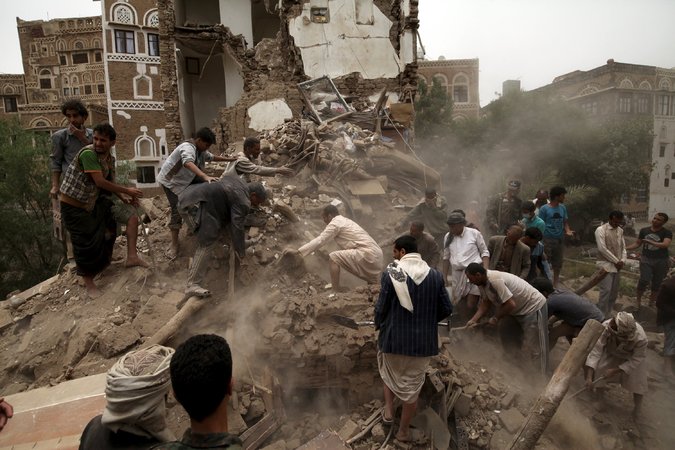 This photo of the aftermath of an airstrike in Sana, Yemen, accompanied a New York Times story (6/24/15) that provided a detailed account of the human toll of the air war—but made no mention of the US’s responsibility. (photo: Mohamed Al-Sayaghi/Reuters)