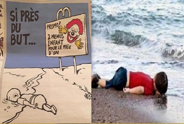 The image is accompanied by the message: “Welcome to the migrants… so close to the goal”, with a McDonalds billboard that said “Promotional offer: kids menu 2 for the price of 1.”