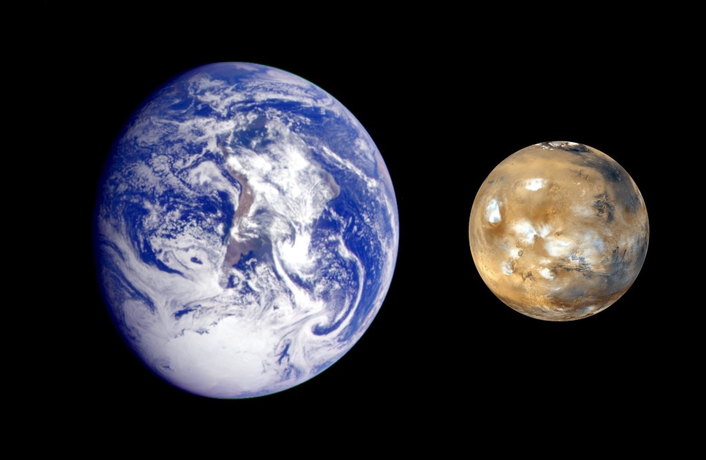 This composite image of Earth and Mars was created to allow viewers to gain a better understanding of the relative sizes of the two planets. mars.nasa.gov