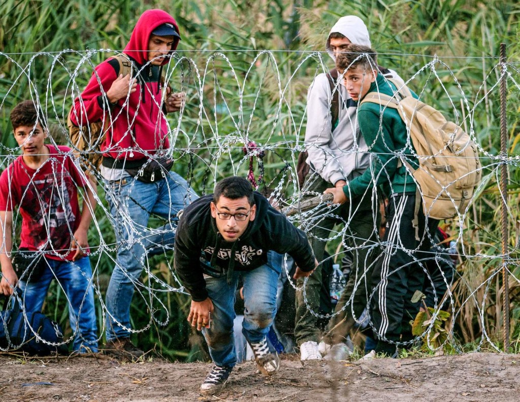 A Syrian man crosses from Serbia into Hungary through a razor wire fence. Photo via Freedom House