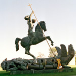 Sculpture depicting St. George slaying the dragon. The dragon is created from fragments of Soviet SS-20 and United States Pershing nuclear missiles.Credit: UN Photo/Milton Grant