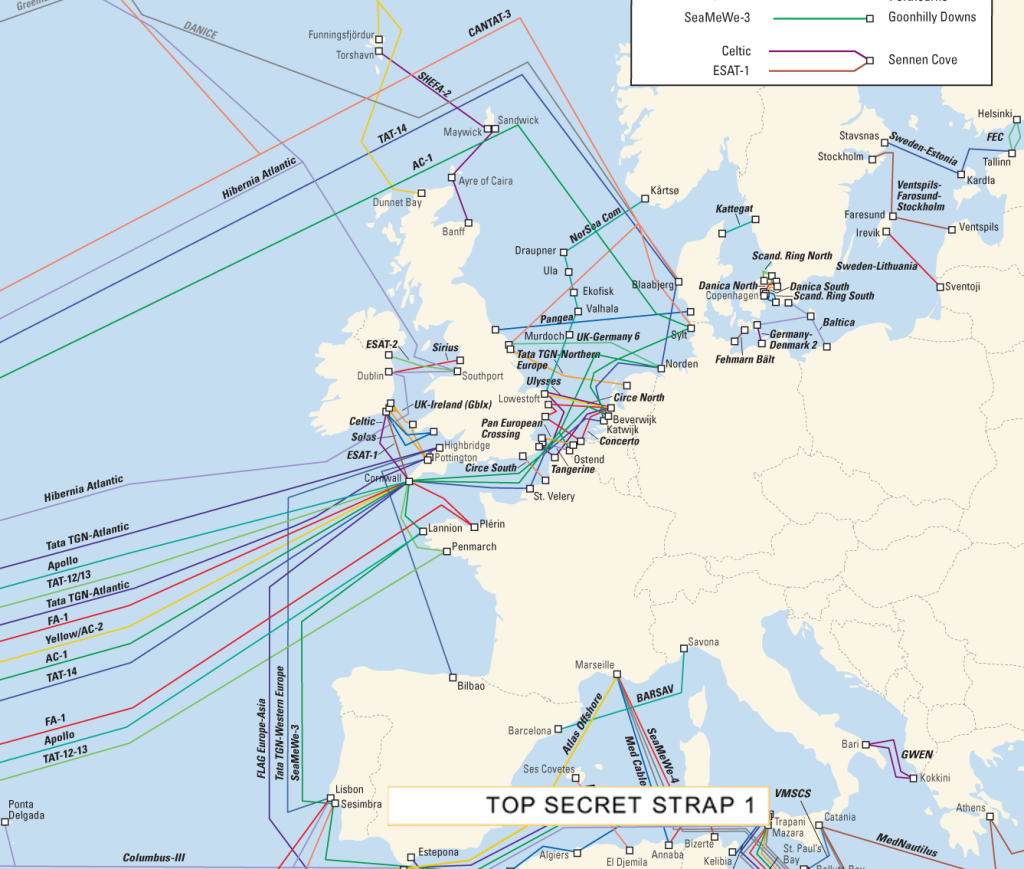 A map from a classified GCHQ presentation about intercepting communications from undersea cables.
