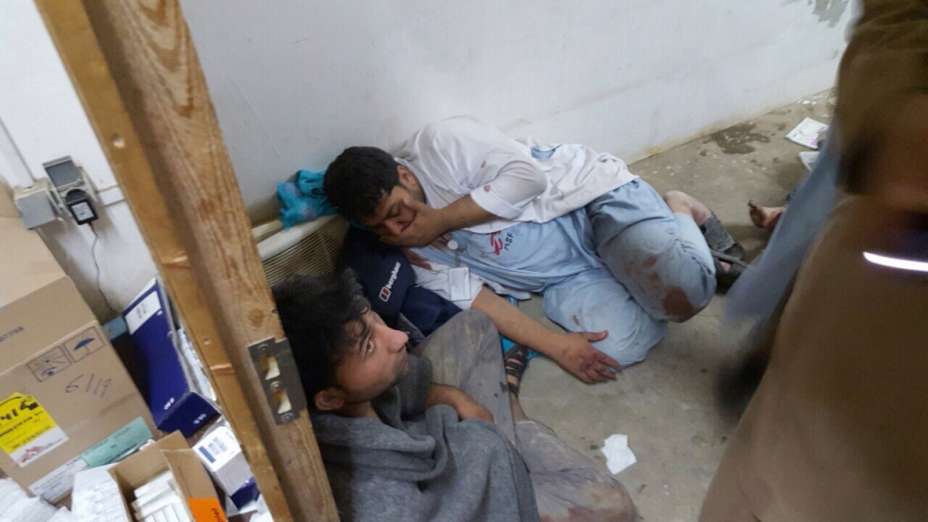 A handout provided by Medecins Sans Frontieres shows MSF staff in shock in one of the remaining parts of the hospital in Kunduz in the aftermath of the bombings, Kunduz, Afghanistan, October 3, 2015. 