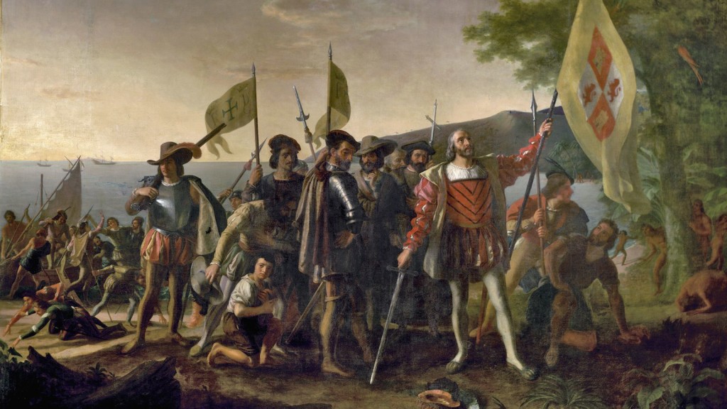 Christopher Columbus arrives on the San Salvador peninsula, Bahamas, 1492. (John Vanderlyn)