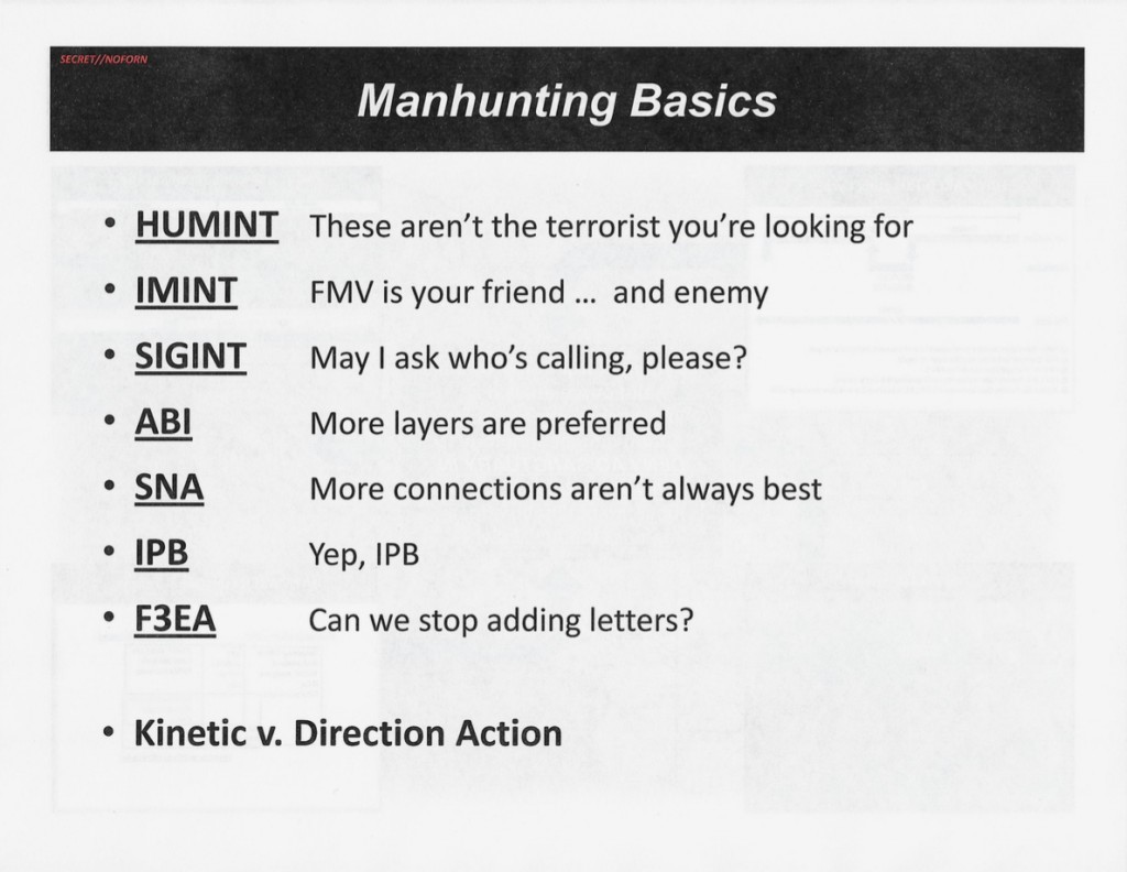 A slide on “Manhunting Basics” takes a lighthearted approach to the core mission of the Haymaker campaign: finding and killing specific individuals. ABI = Activity Based Intelligence; F3EA = Find, Fix, Finish, Exploit, Analyze; HUMINT = Human Intelligence; IMINT = Imagery Intelligence; IPB = Intelligence Preparation of the Battlespace; SIGINT = Signals Intelligence; SNA= Social Network Analysis