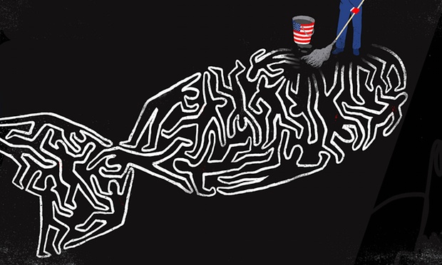 Everything the US and Britain touches ‘now turns to dust, either pulverised directly by drones and bombers, or destroyed through blowback in the political vacuums’ they create Illustration: Sebastien Thibault
