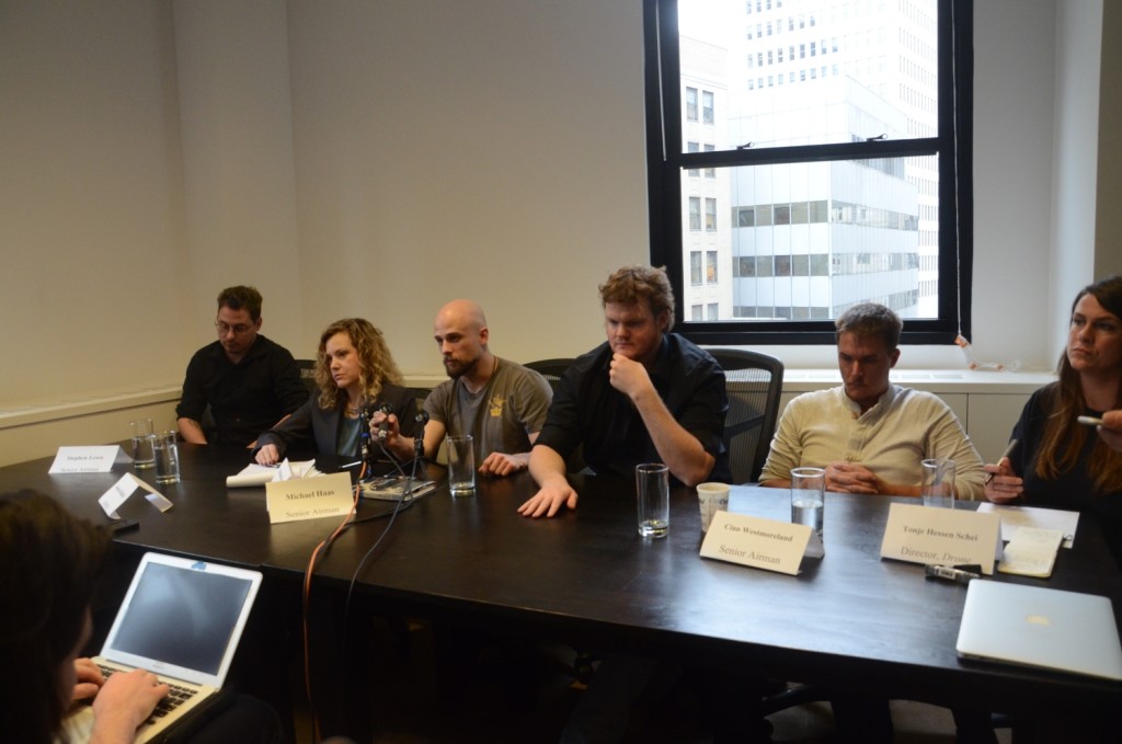The former drone operators at a press conference in New York City. Photo: Joshua Kopstein