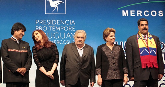 (L-R) Presidents Evo Morales of Bolivia, Cristina Fernandez of Argentina, Jose Mujica of Uruguay, Dilma Rousseff of Brazil and Nicolas Maduro of Venezuela. REUTERS/Nicolas Garrido