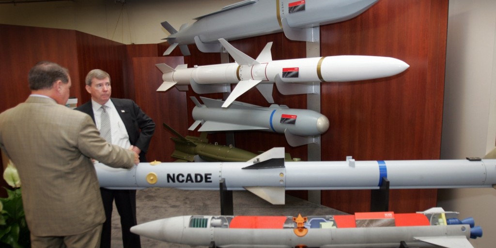 A display of guided missile mock-ups by the Raytheon Company.