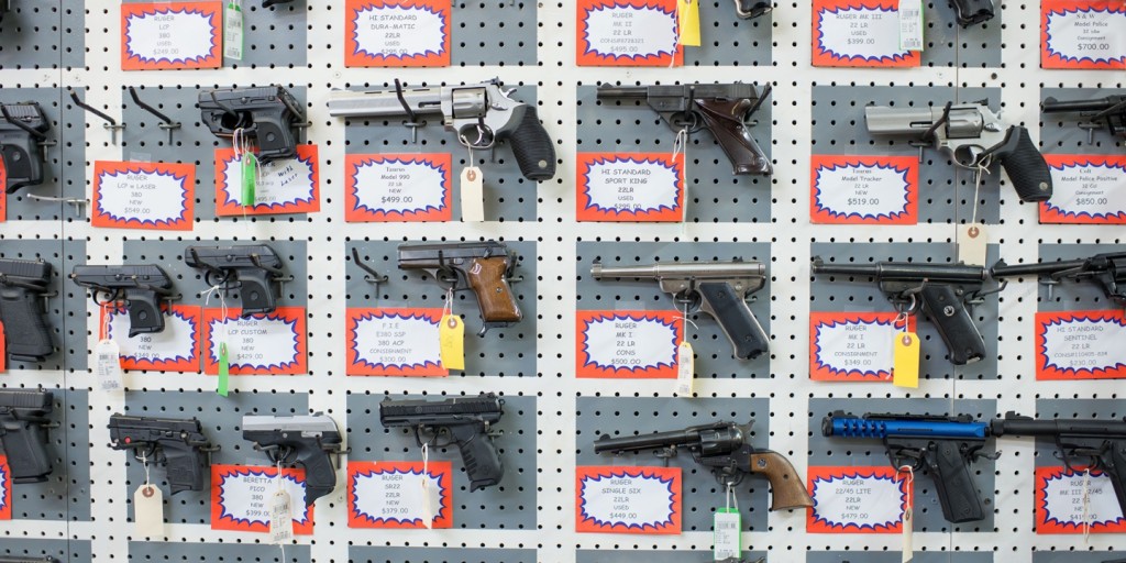 Guns are on display at Roseburg Gun Shop in Roseburg, Oregon, on October 2, 2015. 