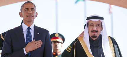 President Barack Obama and Saudi Arabian King Salman bin Abdul Aziz stand during the arrival ceremony in Riyadh, Saudi Arabia, Tuesday, Jan. 27, 2015. (photo: AP)