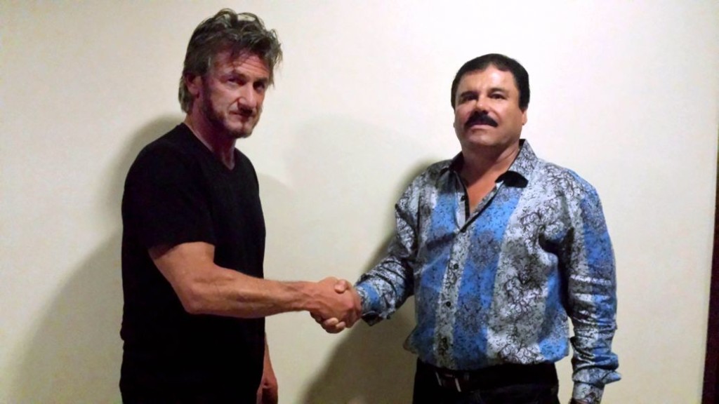 The author and then-fugitive El Chapo Guzmán, on October 2nd. The photo was taken for verification purposes. After a long dinner and conversation, Chapo granted Penn's request for a formal interview. Courtesy of Sean Penn